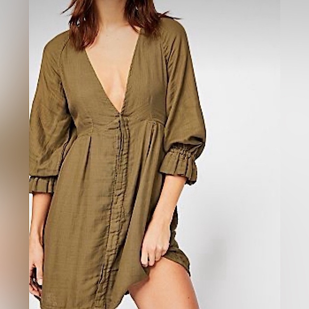 Free People CP Shades Olive Green Sofiya Double Cloth Tunic Babydoll Mini Dress